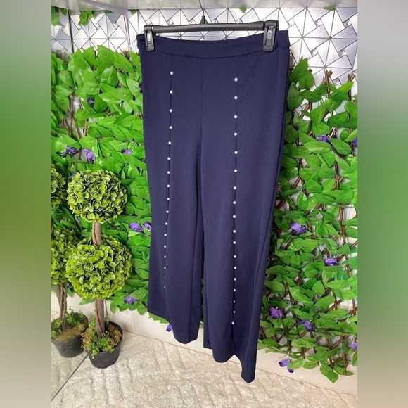 SHEIN Modely Pearls Beaded Split Hem Navy Flare Leg Pants Women’s Large 8/10 - Picture 3 of 14